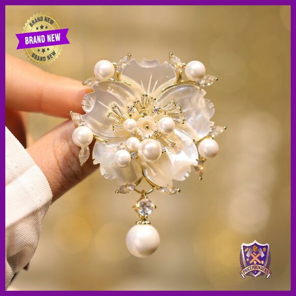 Floral Brooch Pin Gold Plated Copper Seashell Pearl 2.36in - Picture 8 of 8